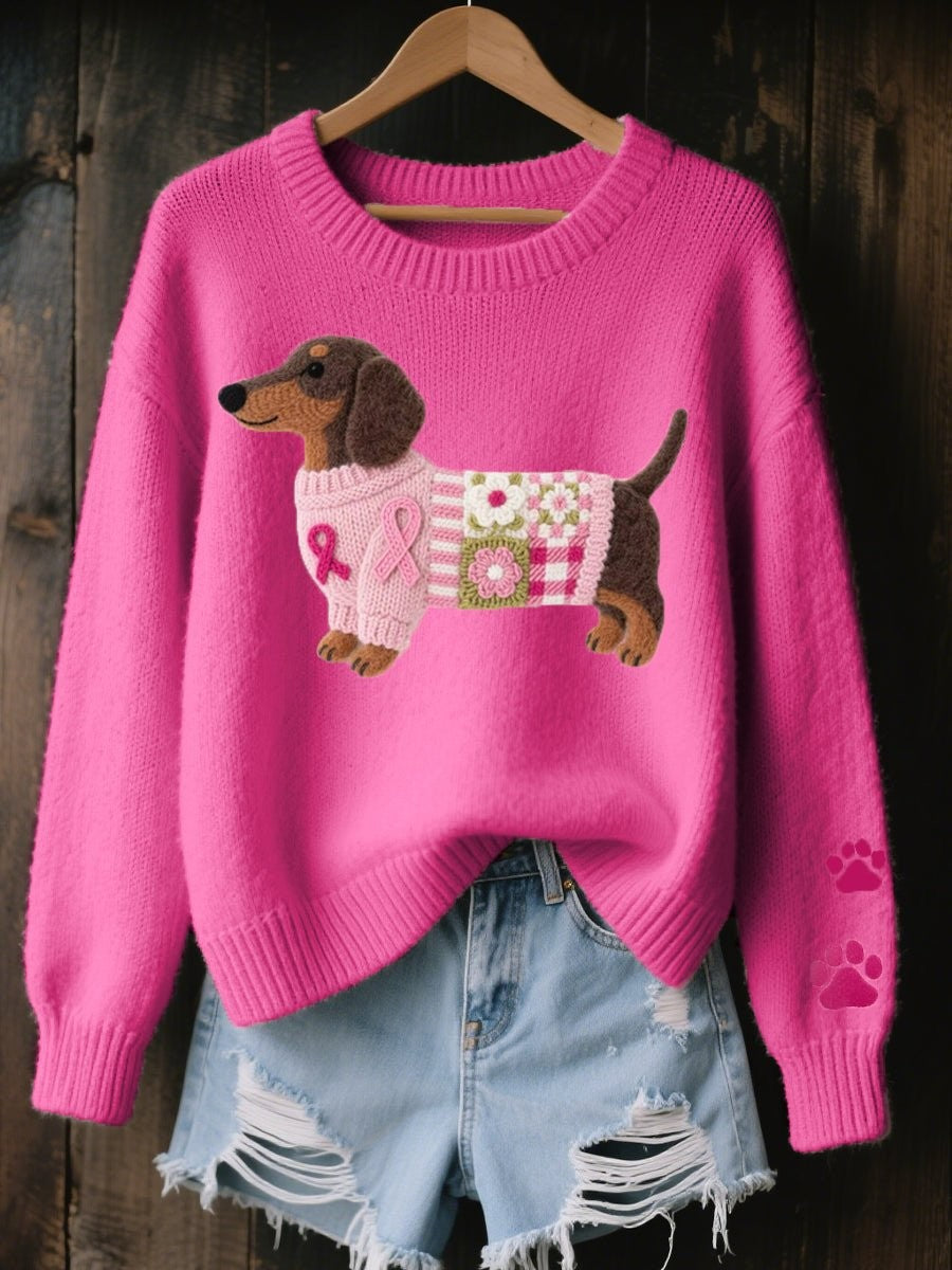 Damen-Strickpullover mit gesticktem Dackel-Motiv, Rundhals und Pfoten auf dem Ärmel in Dunkelpink