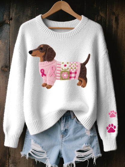 Damen-Strickpullover mit gesticktem Dackel-Motiv, Rundhals und Pfoten auf dem Ärmel in Weiß