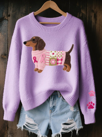 Damen-Strickpullover mit gesticktem Dackel-Motiv, Rundhals und Pfoten auf dem Ärmel in Lila