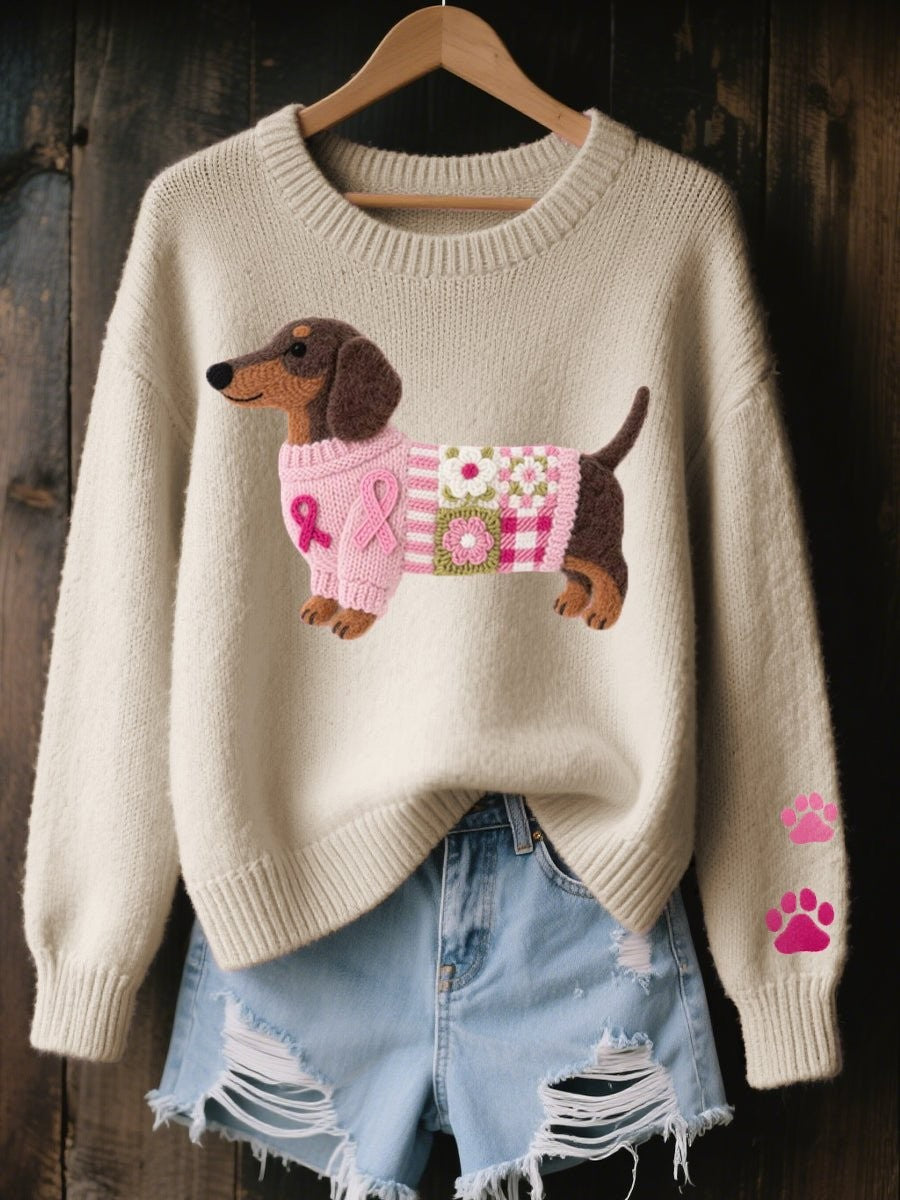 Damen-Strickpullover mit gesticktem Dackel-Motiv, Rundhals und Pfoten auf dem Ärmel in Beige