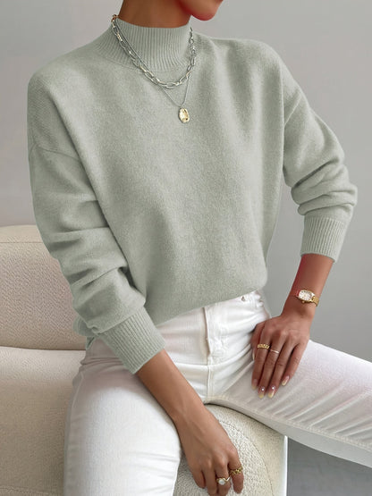 Damen-Strickpullover mit halbhohem Kragen, Rippbündchen und geradem Schnitt in Hellgrün