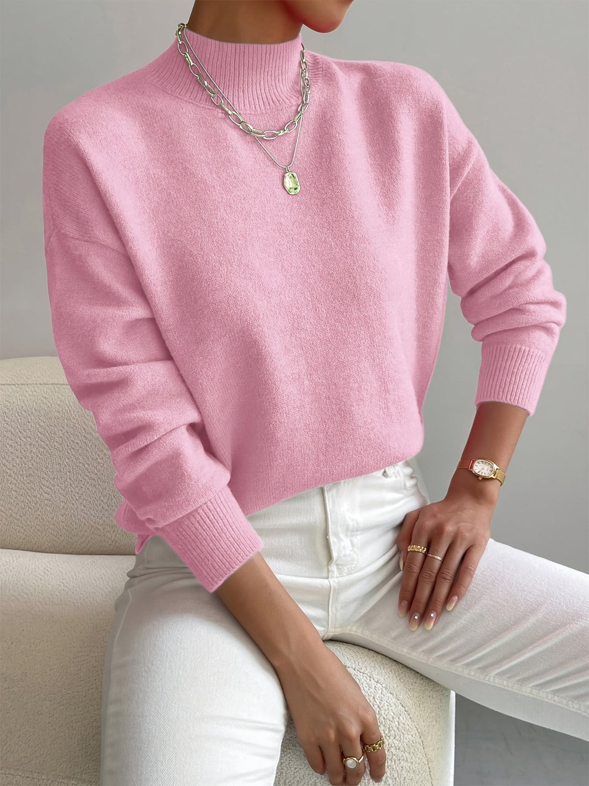 Damen-Strickpullover mit halbhohem Kragen, Rippbündchen und geradem Schnitt in Rosa