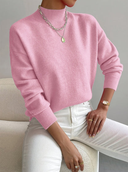 Damen-Strickpullover mit halbhohem Kragen, Rippbündchen und geradem Schnitt in Rosa