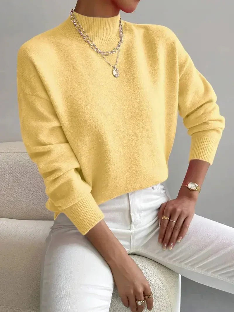 Damen-Strickpullover mit halbhohem Kragen, Rippbündchen und geradem Schnitt in Gelb