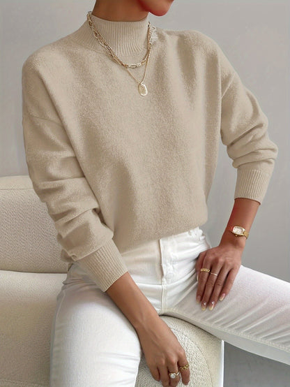 Damen-Strickpullover mit halbhohem Kragen, Rippbündchen und geradem Schnitt in Beige