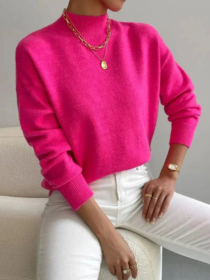 Damen-Strickpullover mit halbhohem Kragen, Rippbündchen und geradem Schnitt in Pink