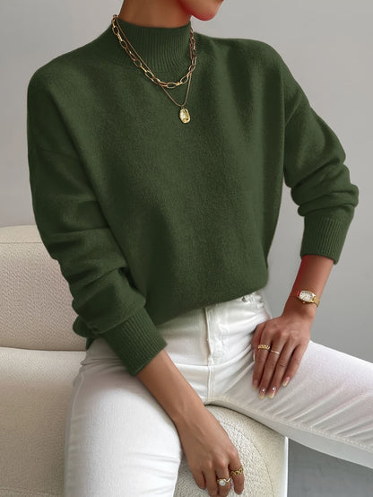 Damen-Strickpullover mit halbhohem Kragen, Rippbündchen und geradem Schnitt in Grün