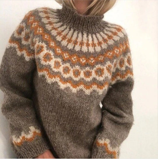Damen-Strickpullover mit Norwegermuster und Stehkragen für kalte Tage in Khaki