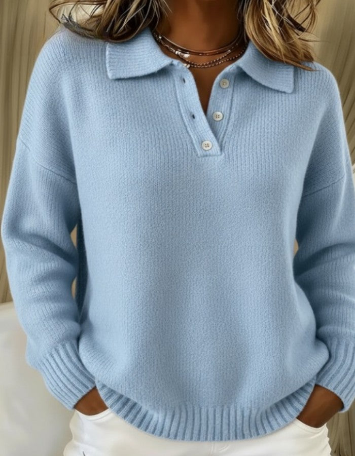 Damen-Strickpullover mit Polokragen, Knopfleiste und Rippbündchen in Blau