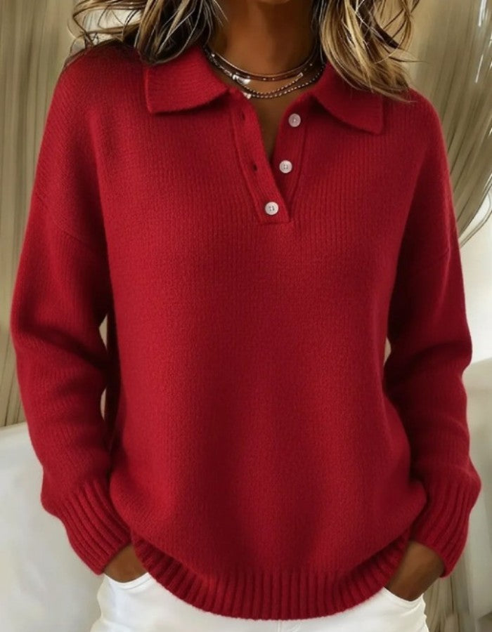 Damen-Strickpullover mit Polokragen, Knopfleiste und Rippbündchen in Rot