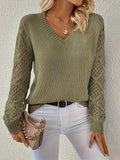 Damen-Strickpullover mit V-Ausschnitt und Ajourmuster an den Ärmeln