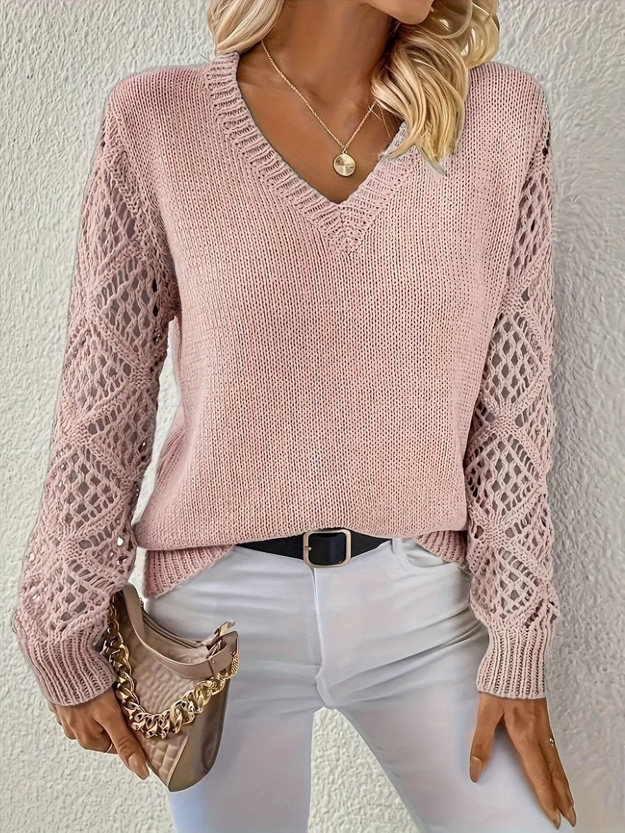 Damen-Strickpullover mit V-Ausschnitt und Ajourmuster an den Ärmeln in Blau