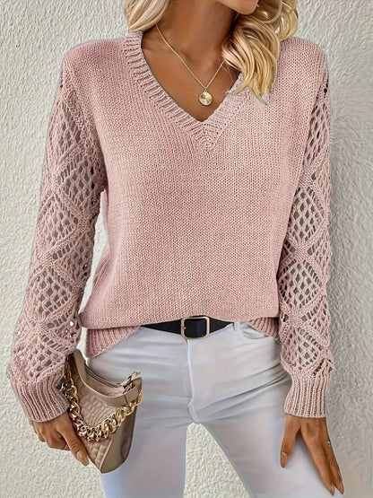 Damen-Strickpullover mit V-Ausschnitt und Ajourmuster an den Ärmeln in Blau