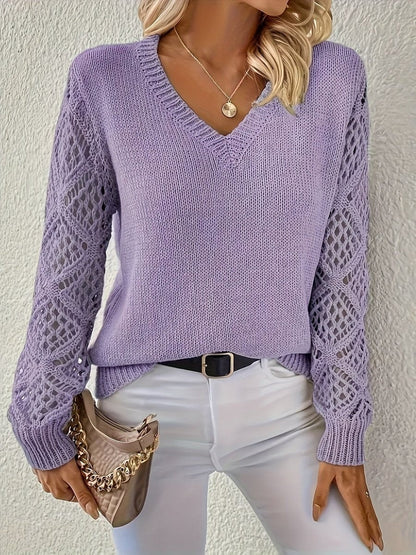 Damen-Strickpullover mit V-Ausschnitt und Ajourmuster an den Ärmeln, Ansicht 10