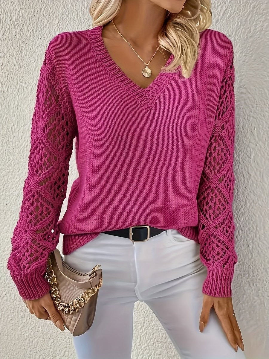 Damen-Strickpullover mit V-Ausschnitt und Ajourmuster an den Ärmeln in Lila
