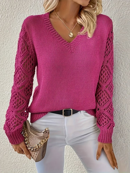 Damen-Strickpullover mit V-Ausschnitt und Ajourmuster an den Ärmeln in Lila