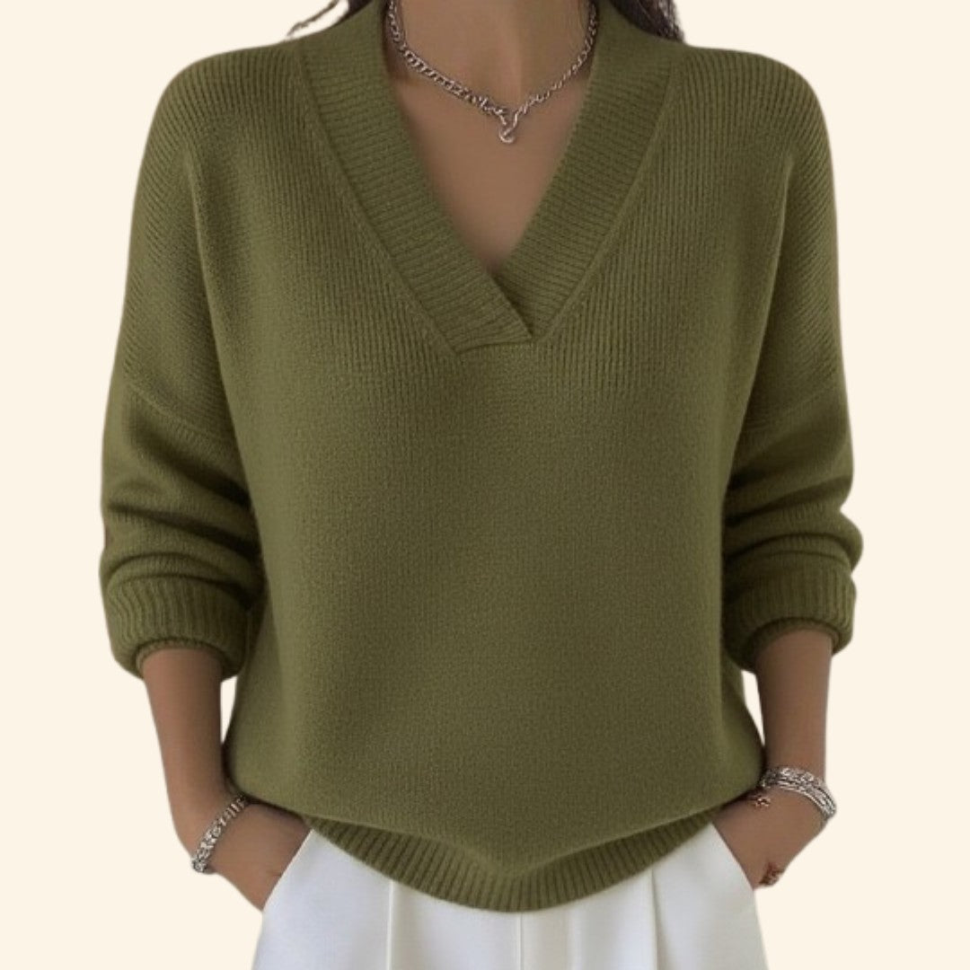 Damen-Strickpullover mit V-Ausschnitt und überschnittenen Schultern in lockerer Passform in Grün