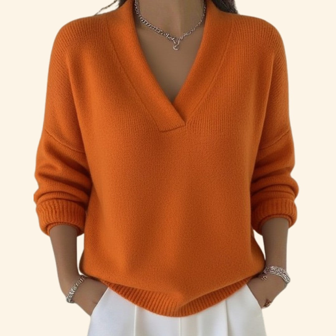 Damen-Strickpullover mit V-Ausschnitt und überschnittenen Schultern in lockerer Passform in Orange