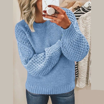 Damen-Strickpullover mit Waffelstrick, Rundhals und weiten Ballonärmeln für den Winter in Himmelblau