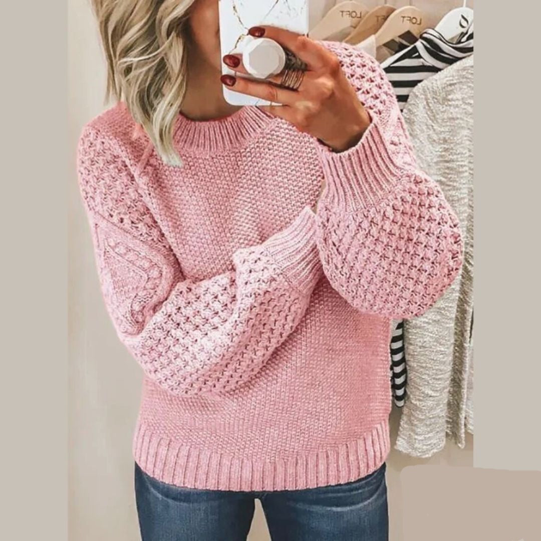 Damen-Strickpullover mit Waffelstrick, Rundhals und weiten Ballonärmeln für den Winter in Rosa