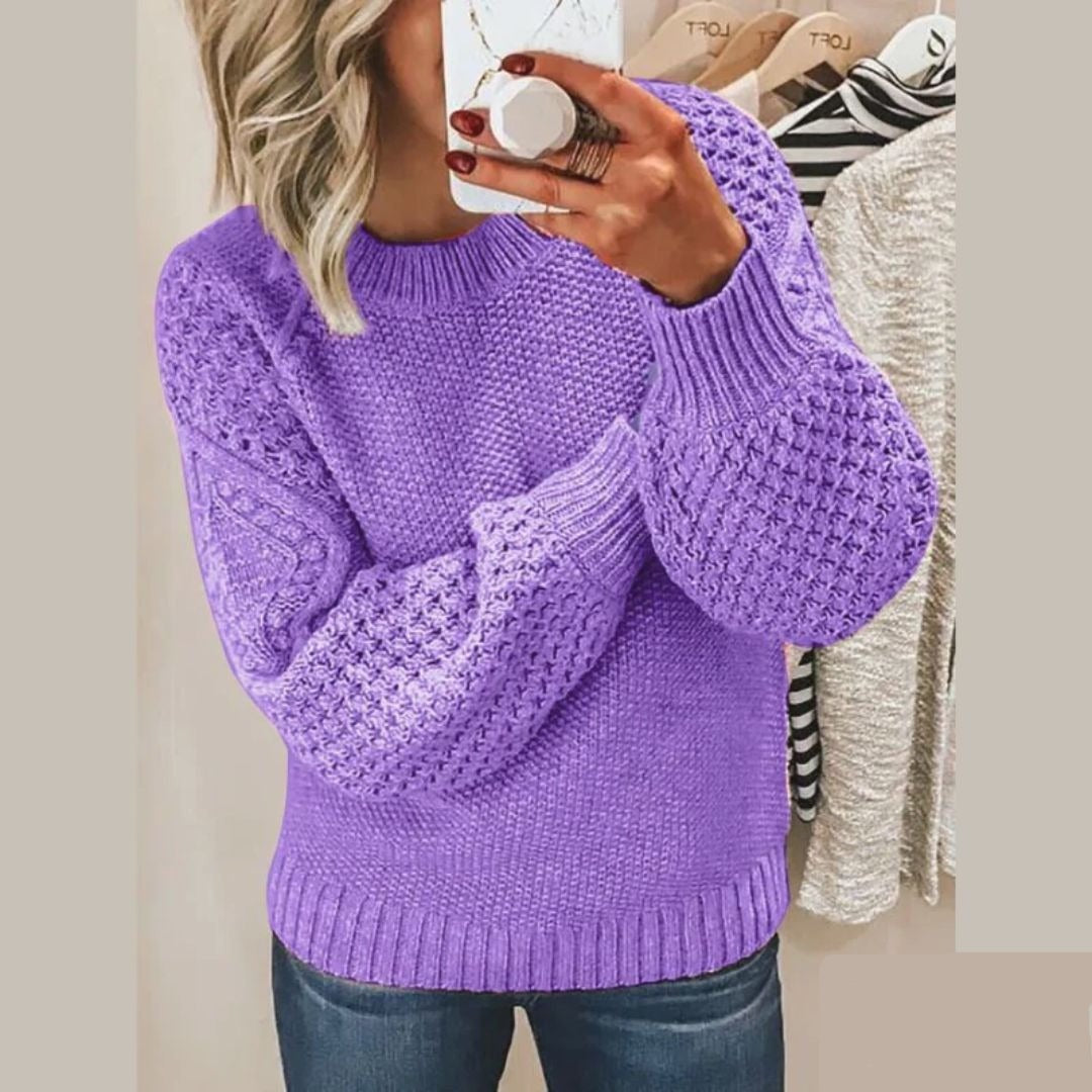 Damen-Strickpullover mit Waffelstrick, Rundhals und weiten Ballonärmeln für den Winter in Lila