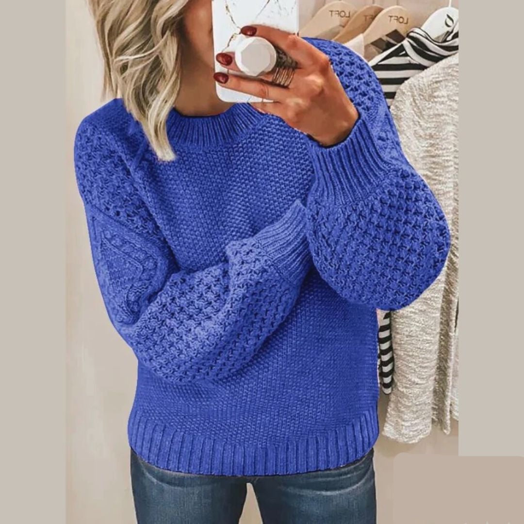 Damen-Strickpullover mit Waffelstrick, Rundhals und weiten Ballonärmeln für den Winter in Blau