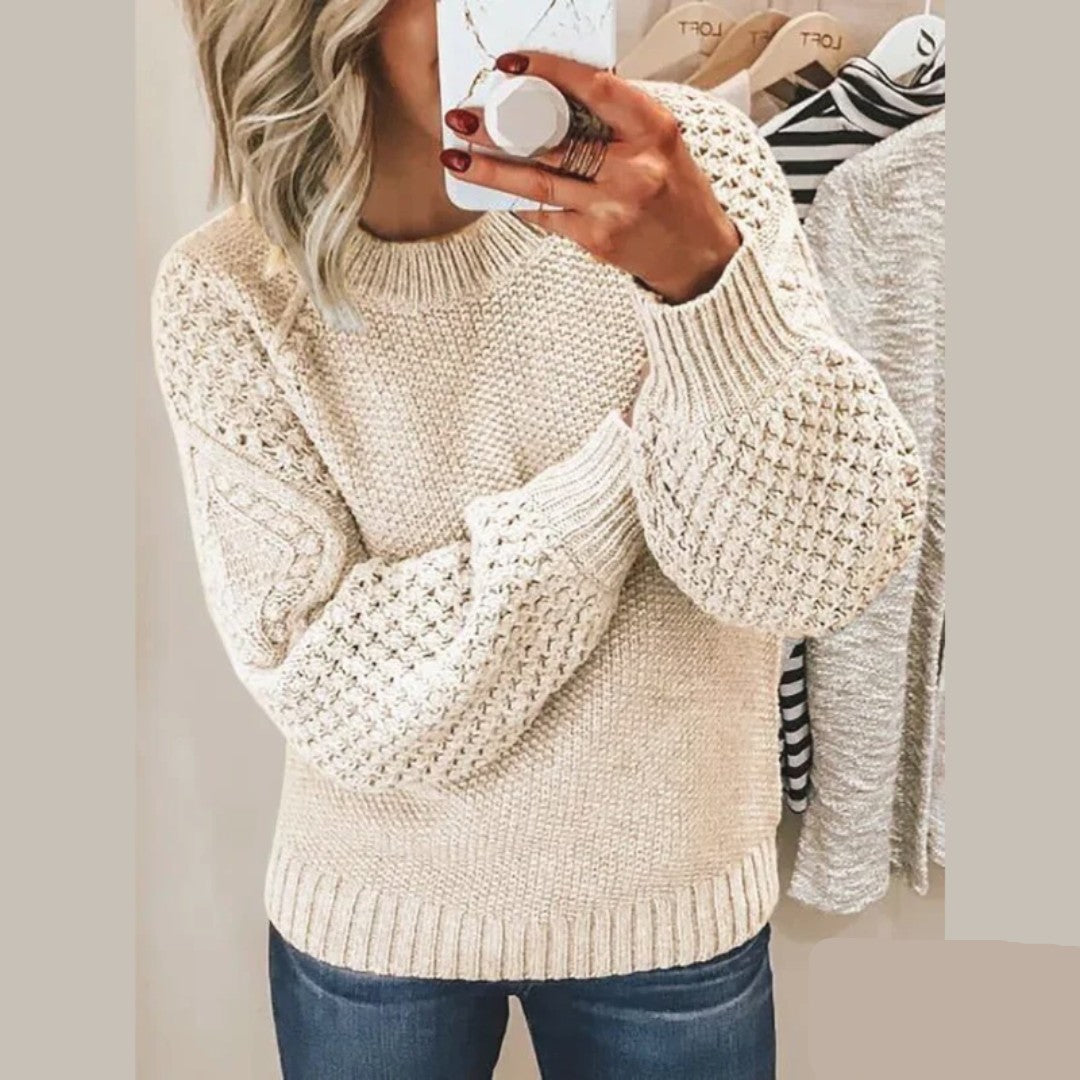 Damen-Strickpullover mit Waffelstrick, Rundhals und weiten Ballonärmeln für den Winter in Beige