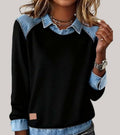 Damen-Sweatshirt mit Hemdkragen und Einsätzen in Jeansoptik an Schultern, Ärmeln und Saum