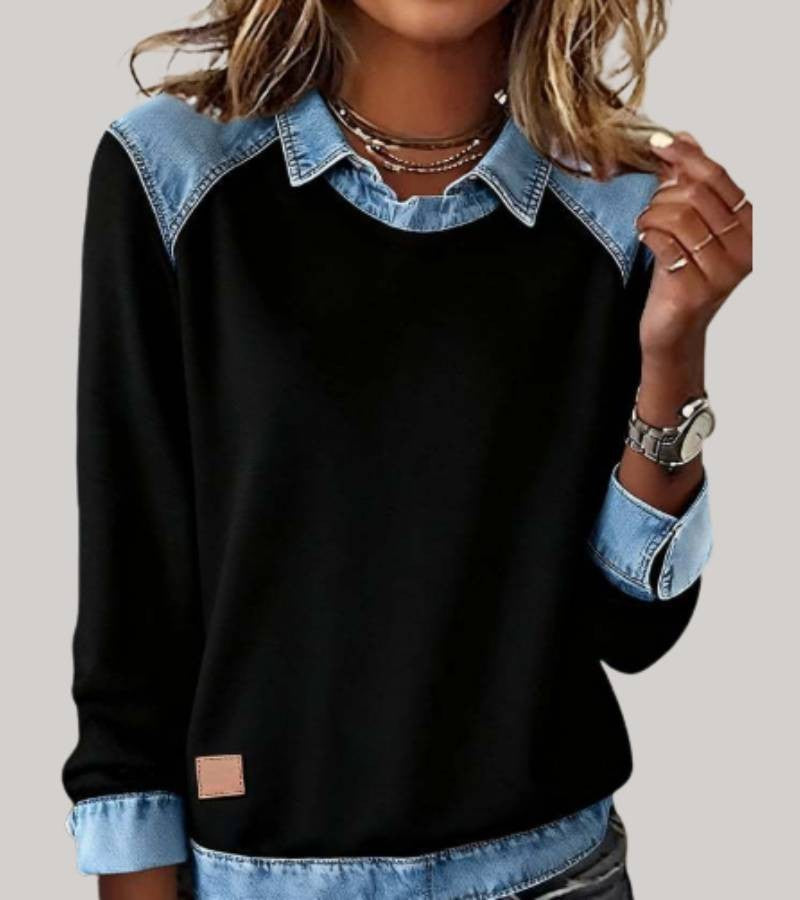 Damen-Sweatshirt mit Hemdkragen und Einsätzen in Jeansoptik an Schultern, Ärmeln und Saum in Schwarz