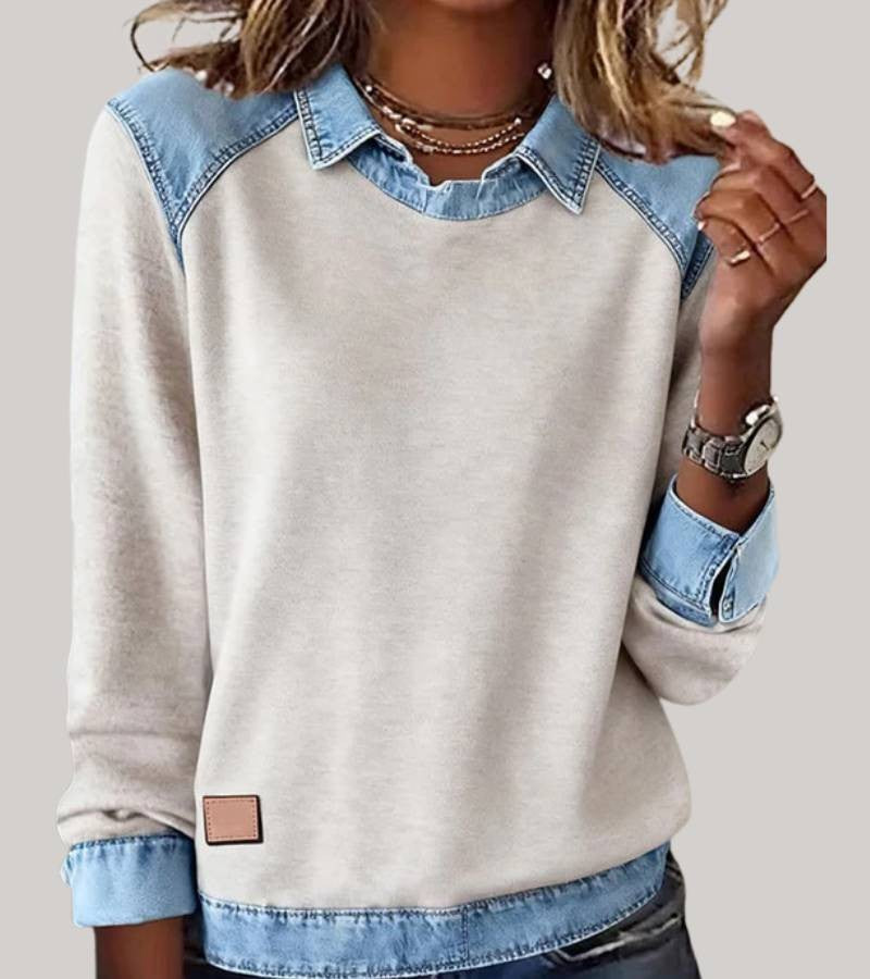 Damen-Sweatshirt mit Hemdkragen und Einsätzen in Jeansoptik an Schultern, Ärmeln und Saum in Beige