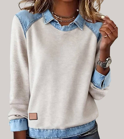 Damen-Sweatshirt mit Hemdkragen und Einsätzen in Jeansoptik an Schultern, Ärmeln und Saum in Beige