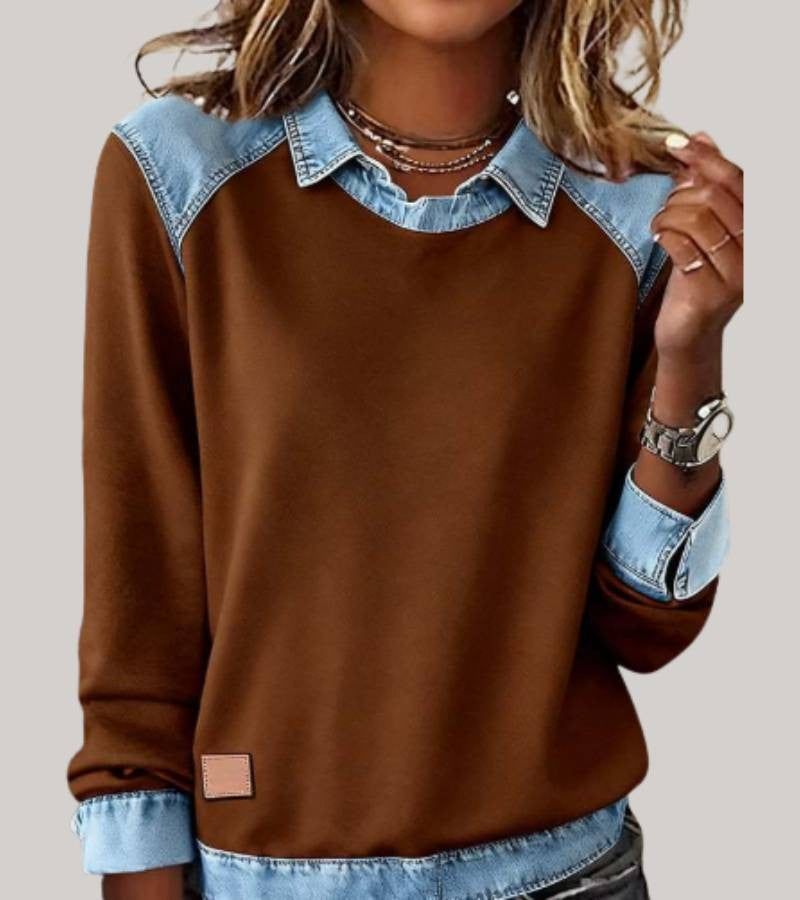 Damen-Sweatshirt mit Hemdkragen und Einsätzen in Jeansoptik an Schultern, Ärmeln und Saum in Braun