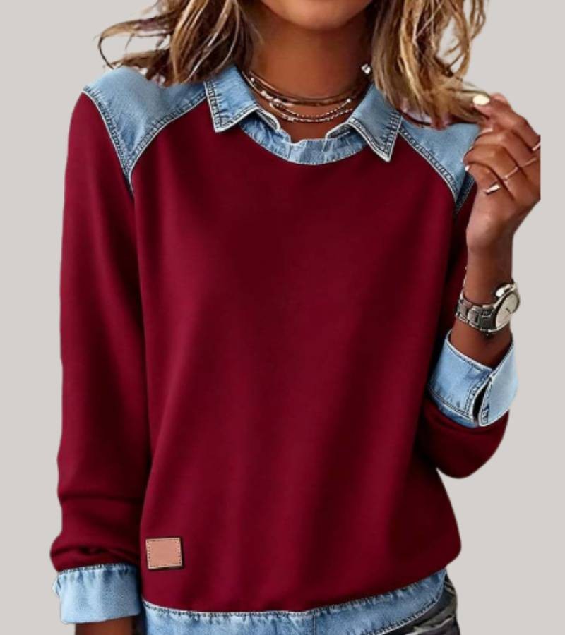 Damen-Sweatshirt mit Hemdkragen und Einsätzen in Jeansoptik an Schultern, Ärmeln und Saum in Rot