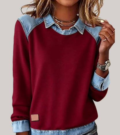 Damen-Sweatshirt mit Hemdkragen und Einsätzen in Jeansoptik an Schultern, Ärmeln und Saum in Rot