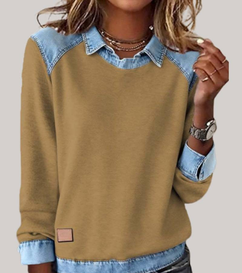Damen-Sweatshirt mit Hemdkragen und Einsätzen in Jeansoptik an Schultern, Ärmeln und Saum in Gelb