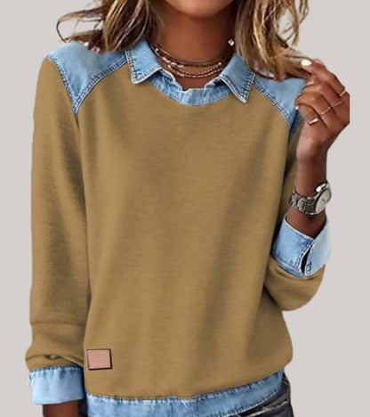 Damen-Sweatshirt mit Hemdkragen und Einsätzen in Jeansoptik an Schultern, Ärmeln und Saum in Gelb