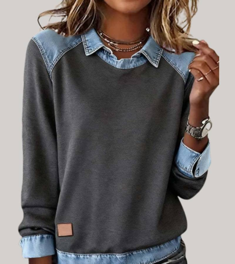 Damen-Sweatshirt mit Hemdkragen und Einsätzen in Jeansoptik an Schultern, Ärmeln und Saum in Grau