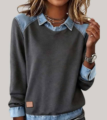 Damen-Sweatshirt mit Hemdkragen und Einsätzen in Jeansoptik an Schultern, Ärmeln und Saum in Grau