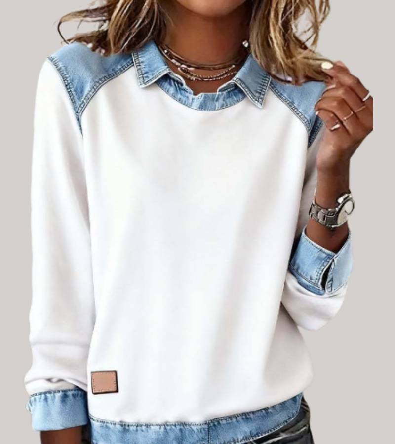 Damen-Sweatshirt mit Hemdkragen und Einsätzen in Jeansoptik an Schultern, Ärmeln und Saum in Weiß