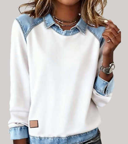 Damen-Sweatshirt mit Hemdkragen und Einsätzen in Jeansoptik an Schultern, Ärmeln und Saum in Weiß