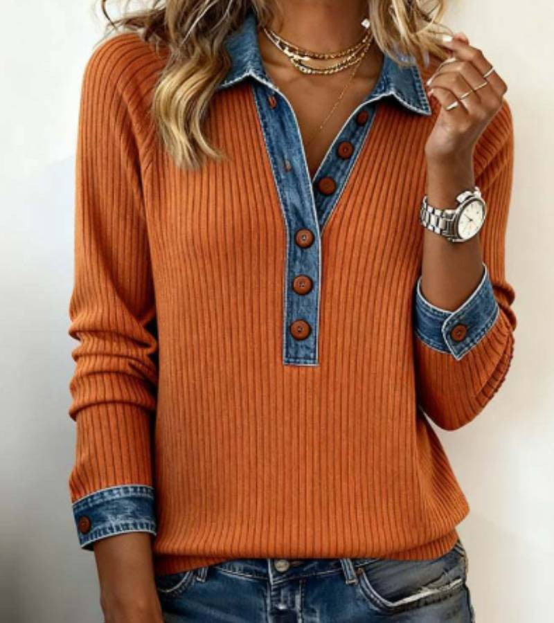 Damen-Sweatshirt mit Hemdkragen und Einsätzen in Jeansoptik an Schultern, Ärmeln und Saum in Orange