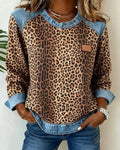 Damen-Sweatshirt mit Leopardenmuster, Raglanärmeln und Einsätzen in Jeansoptik