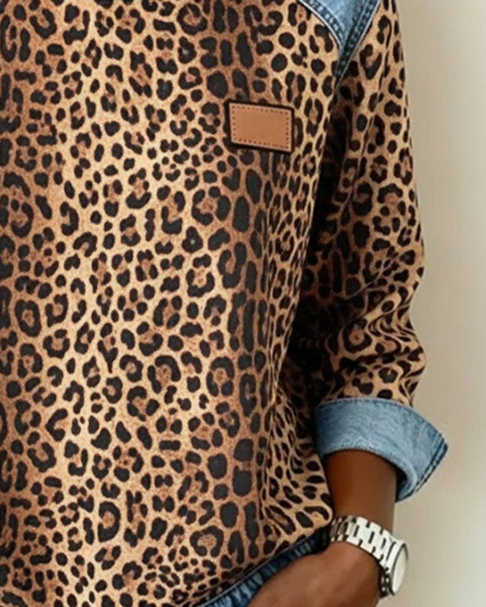 Damen-Sweatshirt mit Leopardenmuster, Raglanärmeln und Einsätzen in Jeansoptik, Ansicht 5