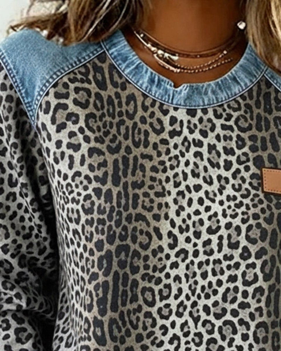 Damen-Sweatshirt mit Leopardenmuster, Raglanärmeln und Einsätzen in Jeansoptik, Ansicht 6