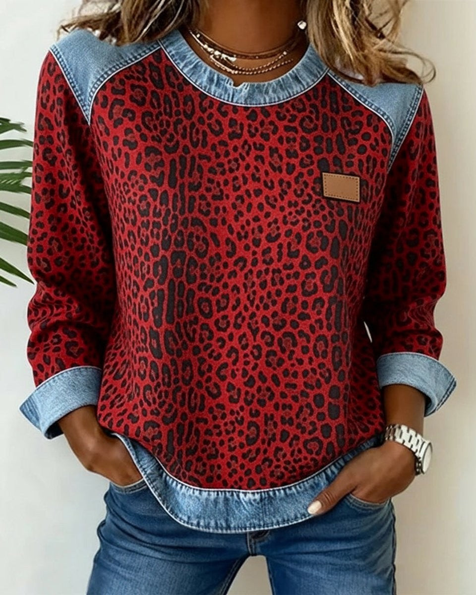 Damen-Sweatshirt mit Leopardenmuster, Raglanärmeln und Einsätzen in Jeansoptik in Rot