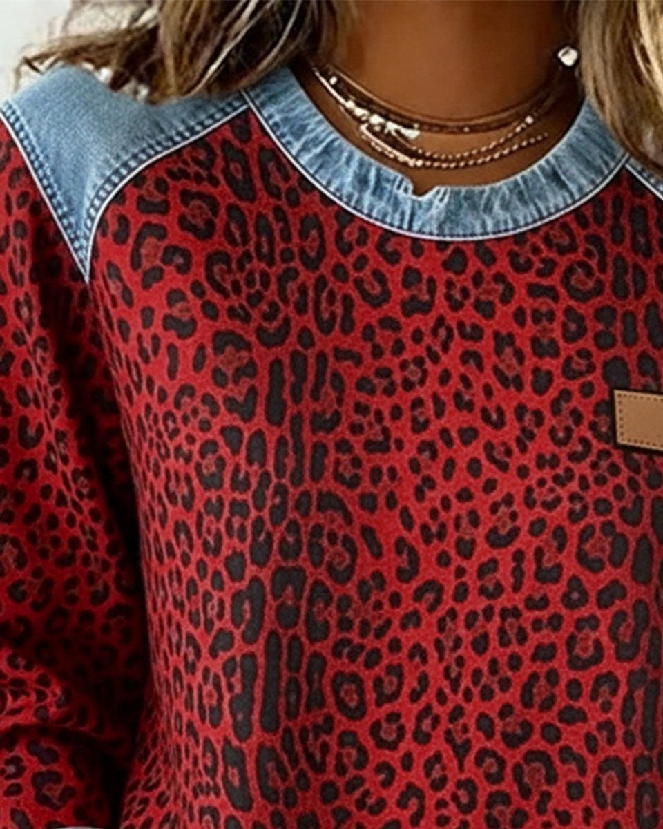 Damen-Sweatshirt mit Leopardenmuster, Raglanärmeln und Einsätzen in Jeansoptik, Ansicht 8