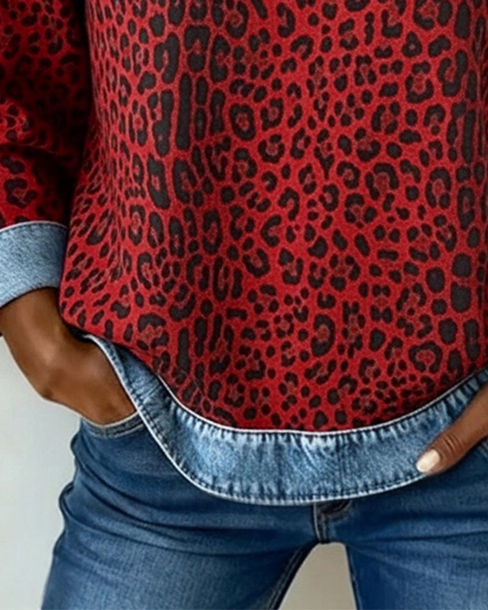 Damen-Sweatshirt mit Leopardenmuster, Raglanärmeln und Einsätzen in Jeansoptik, Ansicht 9