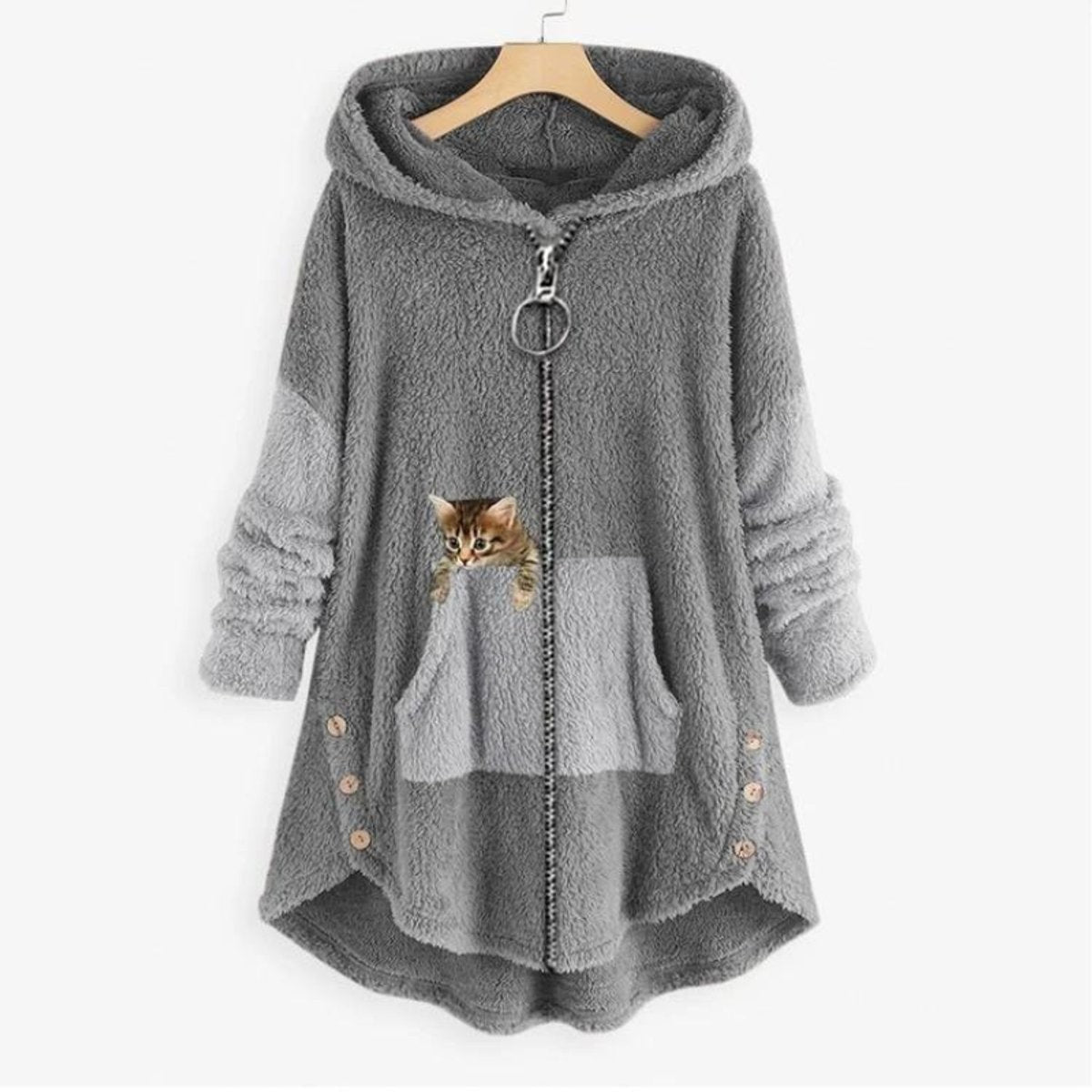 Damen-Teddyfleece-Kapuzenjacke mit Reißverschluss und Kängurutasche mit Katzenmotiv in Grau