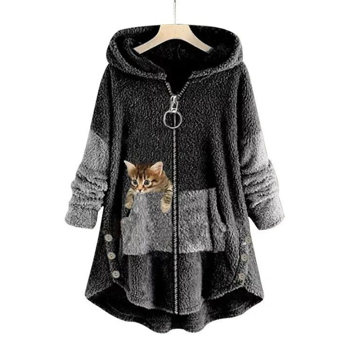 Damen-Teddyfleece-Kapuzenjacke mit Reißverschluss und Kängurutasche mit Katzenmotiv in Dunkelgrau