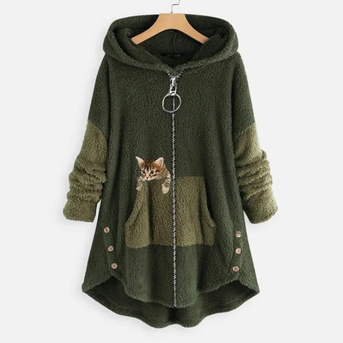Damen-Teddyfleece-Kapuzenjacke mit Reißverschluss und Kängurutasche mit Katzenmotiv in Grün